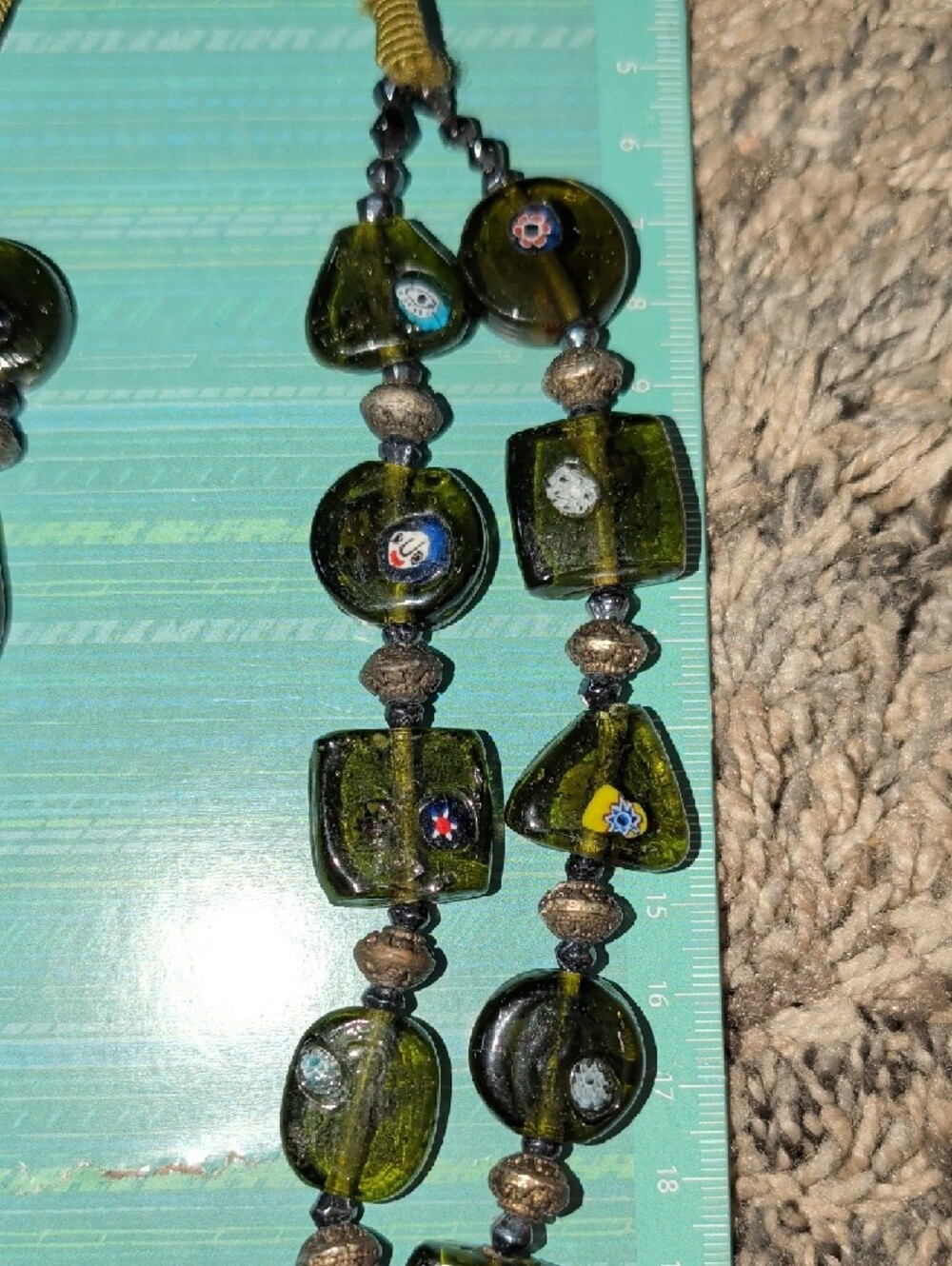 1950's Dual Strand Murano Venetian Olive Green Glass Millefiori Bead Necklace - Picture 14 of 16